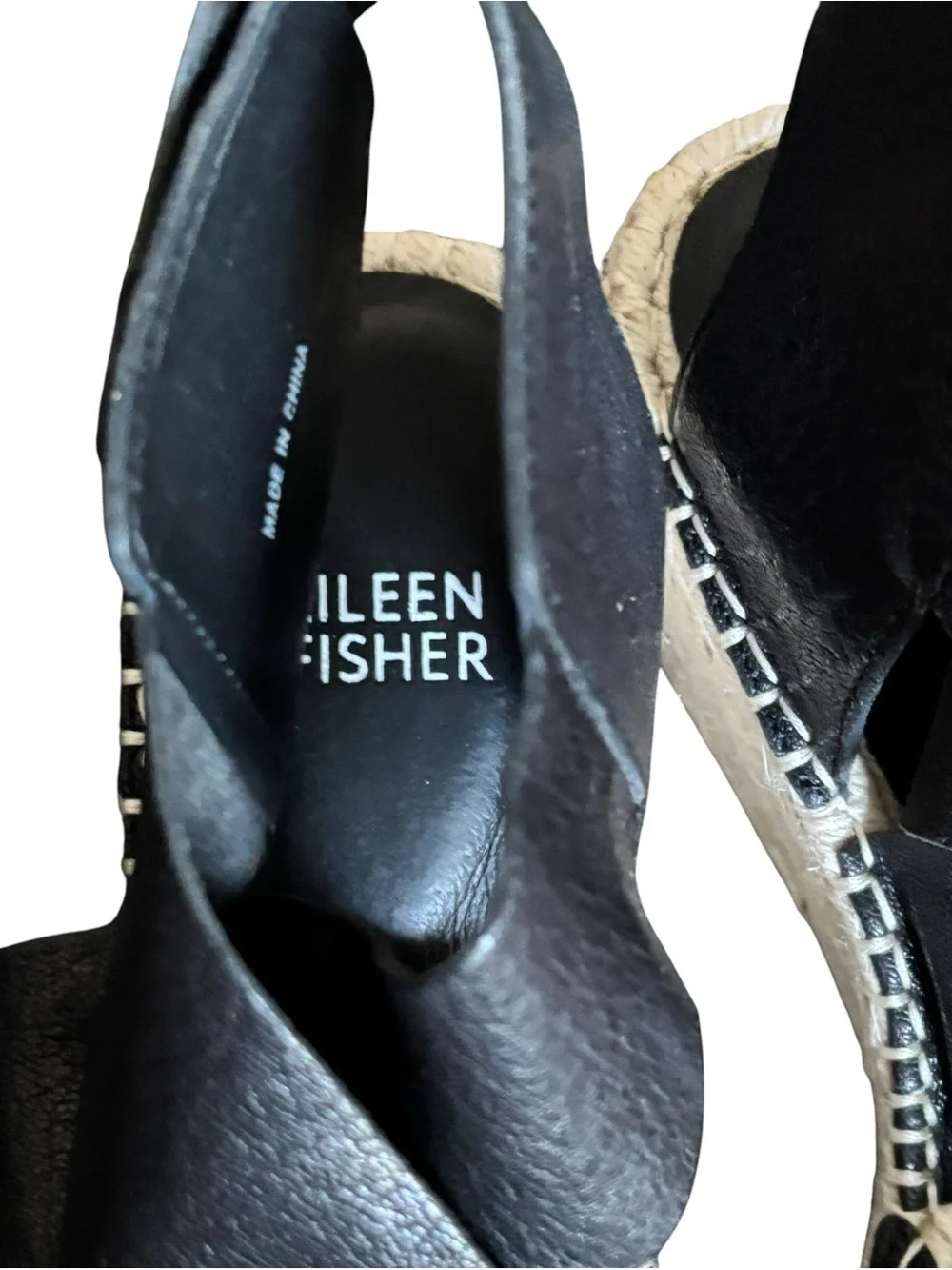 Eileen Fisher Willow Black Tumbled Leather Wedge Espadrille Sandals  Crisscross